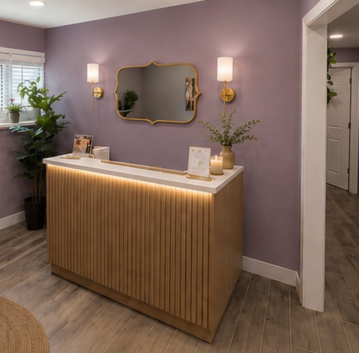 The glowing reception desk